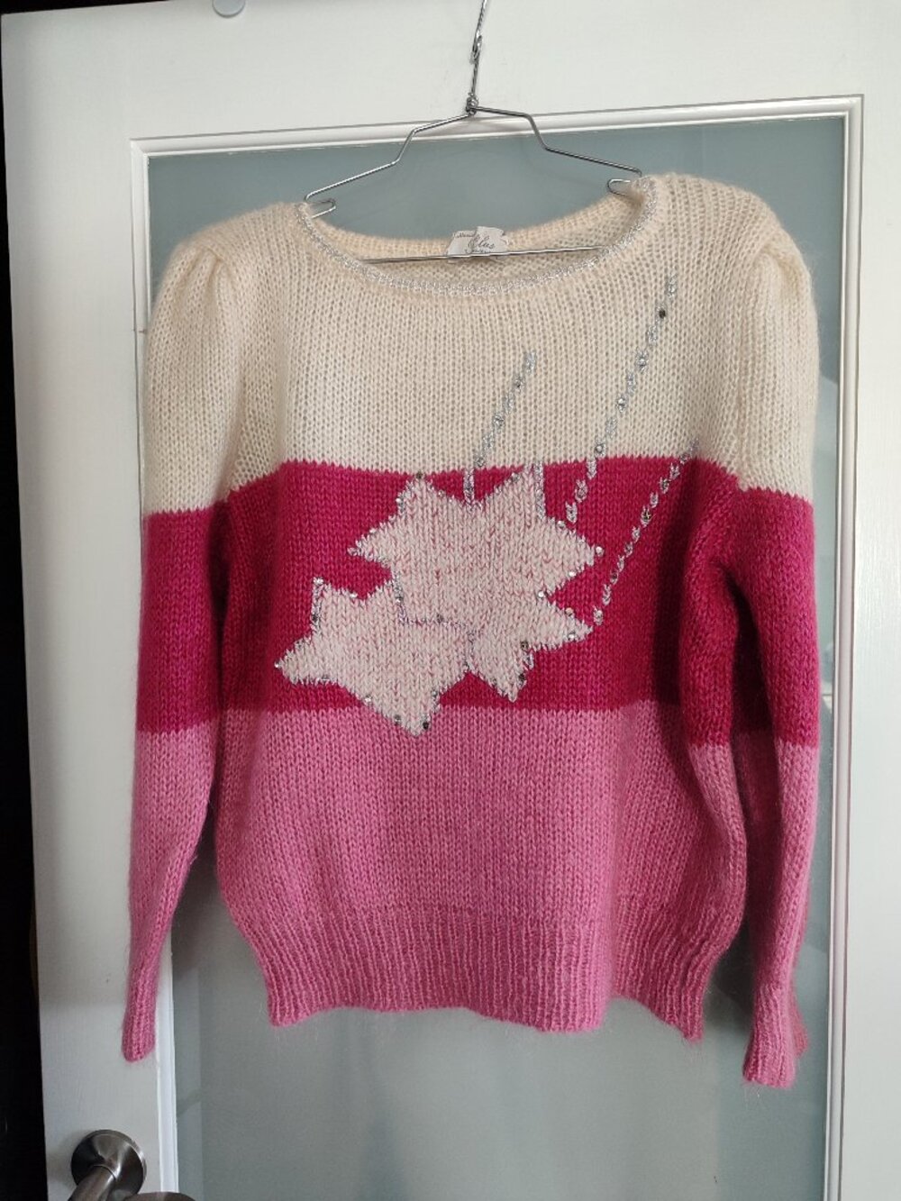 Italy Super Kid Mohair Pink Colorblock Maple Leaf Vintage Crew neck Sweater M